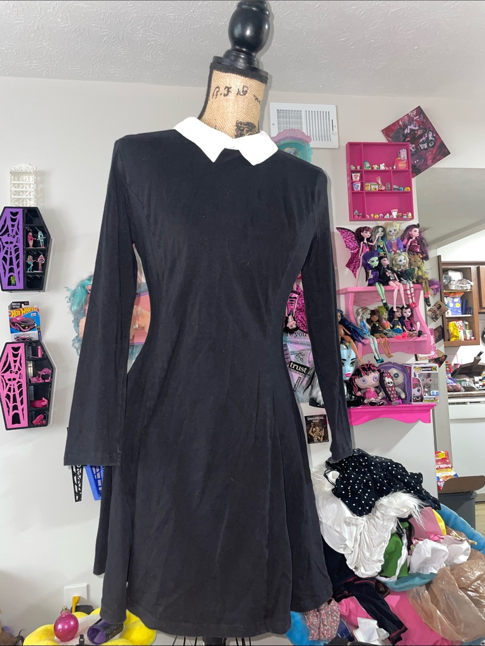 Aphrodite Black Long-Sleeve Dress with White Peter Pan Collar